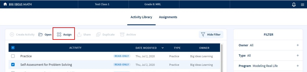 The Activity Library tab with the Assign button in the menu bar above the activies list.