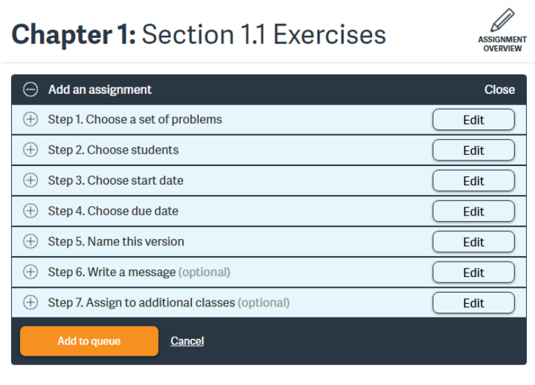 Add An Assignment menu with the following steps. Each step has an Edit button. Step 1 Choose a set of problems. Step 2 Choose students. Step 3 Choose start date. Step 4 Choose due date. Step 5 Name this version. Step 6 Write a message (optional). Step 7 Assign to additional classes (optional). Add to Queue button is at the bottom of the menu.