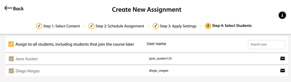 Screenshot of the Create New Assignment dashboard, Select Students step which shows a checked box next to Assign to all students, including students that join the course later. A list of student names below it are automatically checked.