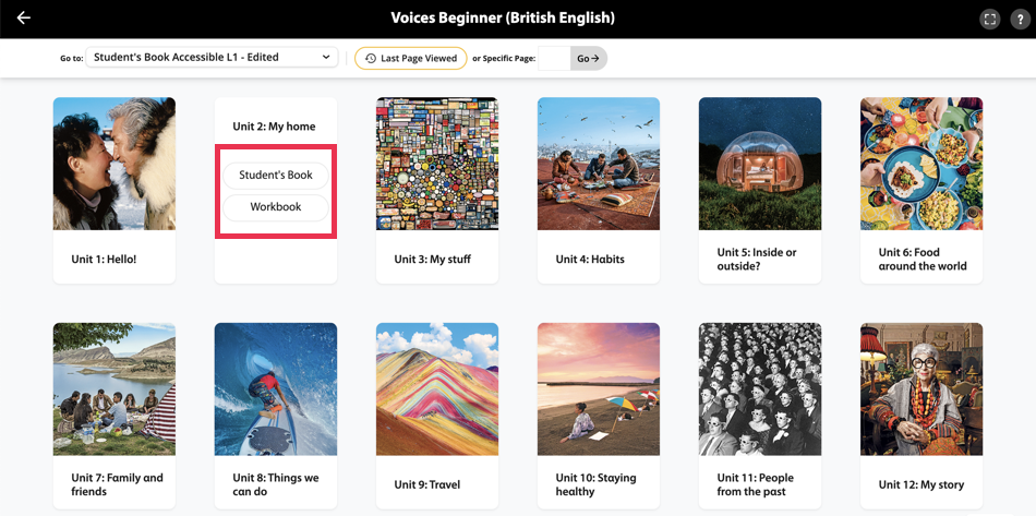 Units dashboard view of the Voices Beginner (British English) classroom presentation tool. The screen shows 12 unit cards arranged in a 3x4 grid, each with a title and a thumbnail. A callout on Unit 2 highlights two buttons, the Student's Book, and Workbook.