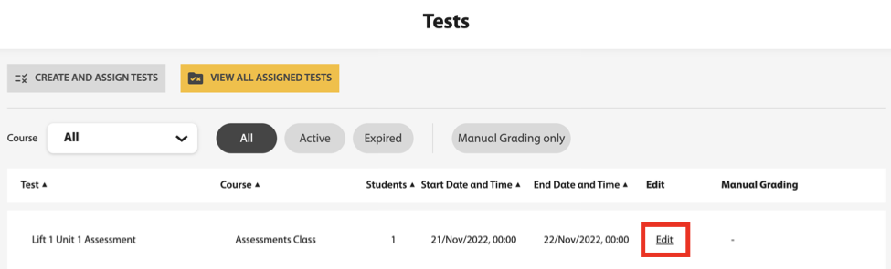 Tests page showing the View All Assigned Tests filter applied, with a red callout box highlighting the Edit button next to a test name.