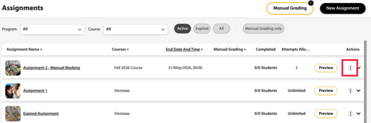 Assignments page showing a list of course assignments. A red box highlights the vertical three-dot More Options menu in the Actions column for the selected assignment next to the Preview button.
