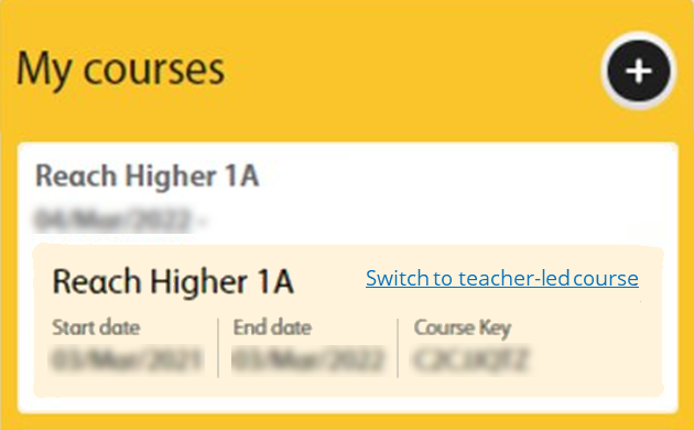 Screenshot of My Courses section of the primary student My Account page showing the course name with the "Switch to teacher-led course" link on the right side of the card.