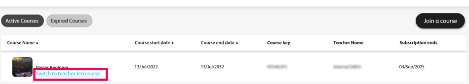 Secondary student Courses page showing a course row that with the course name, and the "Switch to teacher-led course" link highlighted beneath the course name.