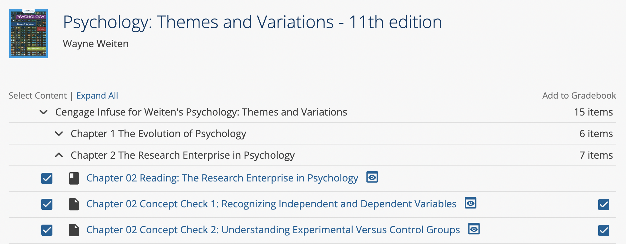 The Infuse content selector with two chapters selected. By default, all assignments in the chapter are selected and added to the gradebook. The number of readings and assignments that will be added to the course is shown at the bottom of the screen.
