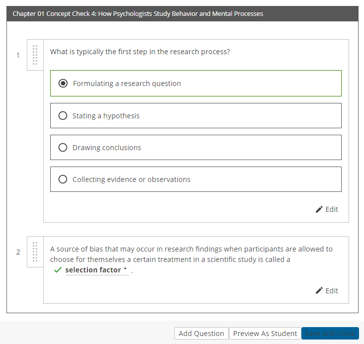 The assignment editor shows questions used in the assignment. Each question has an Edit button. At the bottom of the assignment are the options: add a question, preview as student, save and close.