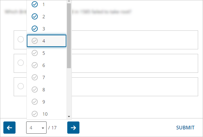 An Infuse assignment question showing the question selection menu, previous button, and next button.