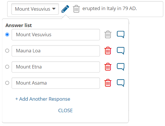 Example statement "[Blank] erupted in Italy in 79 AD." "Mount Vesuvius" is the correct multiple-choice answer, followed by incorrect responses "Mauna Loa," "Mount Etna," and "Mount Asama."