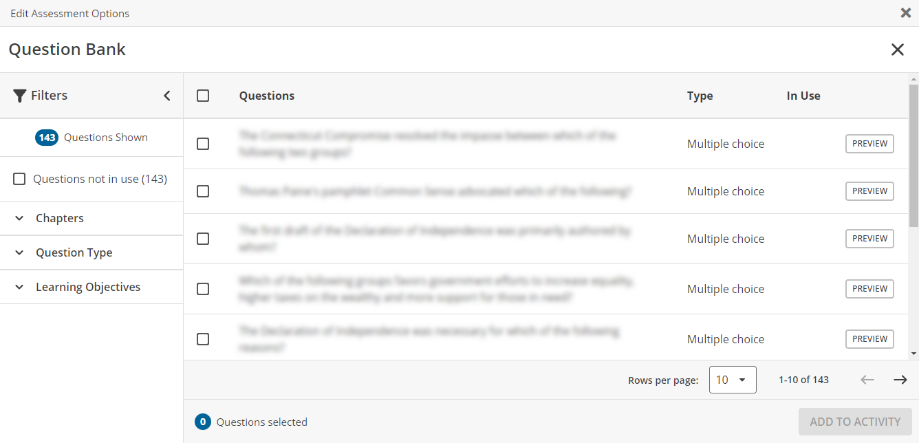 The question bank with 0 questions selected and no filters applied.
