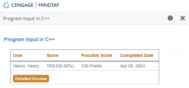 Panel displays a student's score and completed date for a coding labs assignment named Program Input in C++. Below that, the Detailed Review button is shown.