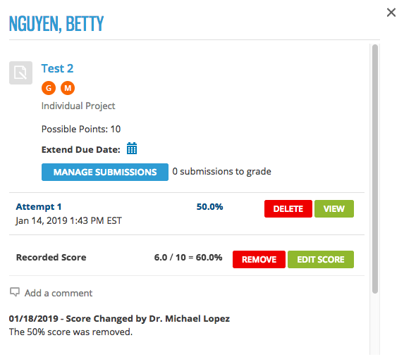 Information includes the activity name, type, possible points, and instructor comments. You can grant extensions, view or delete attempts, edit attempt scores, and add comments.