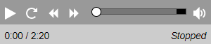 Audio player with buttons for play or pause, restart, rewind, and forward; a time line of the recording; and a volume control.