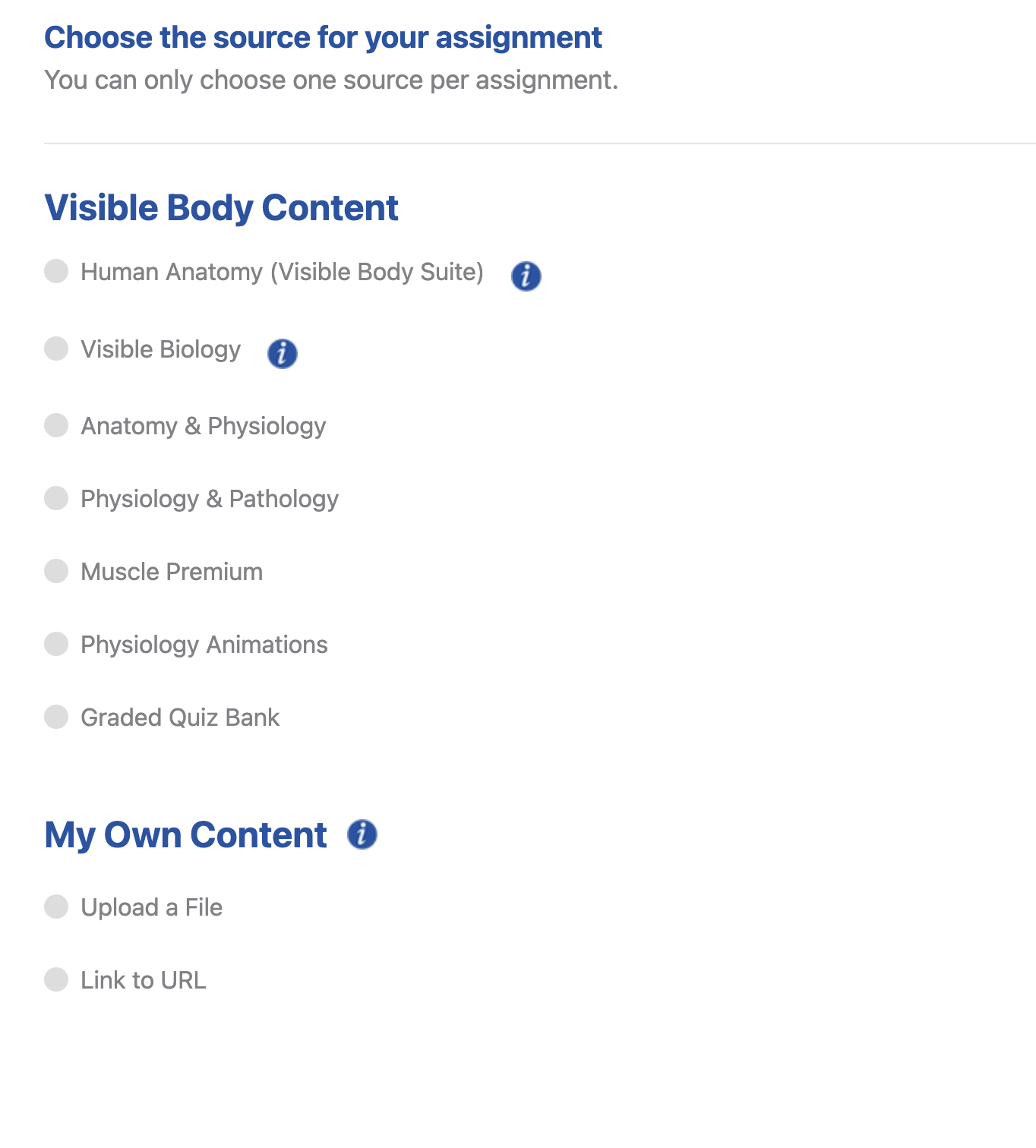 Choose the source for your assignment menu with options for Visible Body Content and My Own Content.