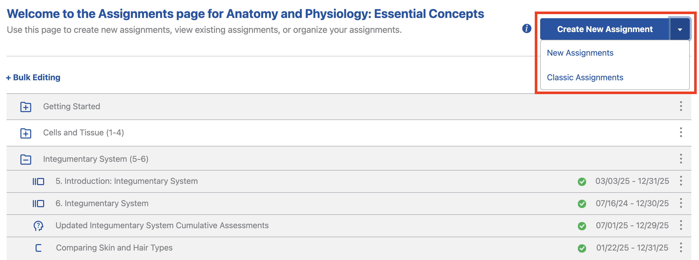 Create New Assignment dropdown menu has the options: New Assignments and Classic Assignments