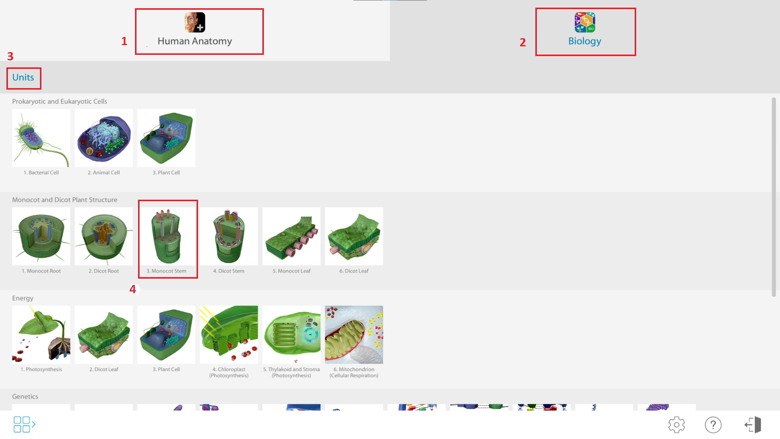 Visible Body+ menu with Human Anatomy tab, Biology tab, Unit section, and 3d models highlighted.
