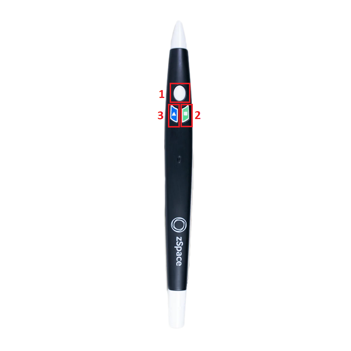 zSpace stylus with three buttons. The top button is a white oval and labeled 1. Underneath it are two semi-rectangular buttons. The button on the left is labeled 3 and is blue with a white triangle. The button on the right is labeled 2 and is green with a white square.