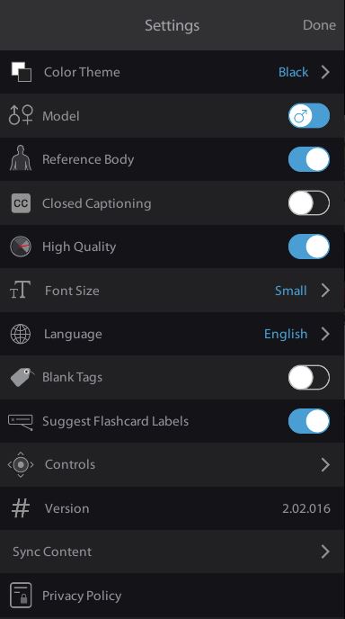 Settings menu. Settings are described in following list.
