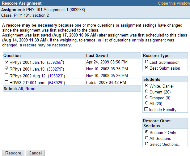 Rescore Assignment window