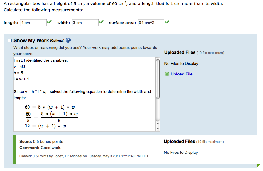 question with a score and comment displayed below the show my work box for the question