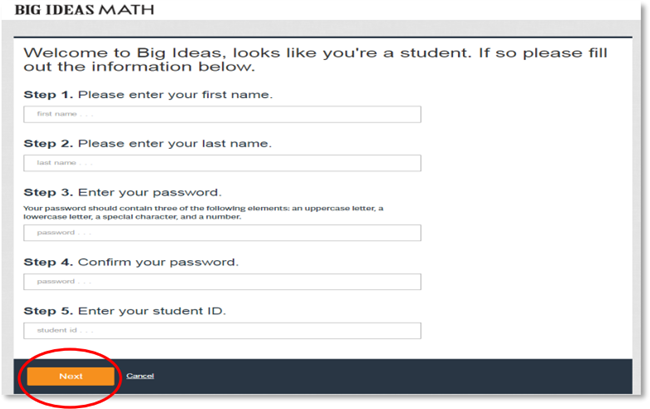 Requested information fields: first name, last name, enter password, confirm password, student ID.