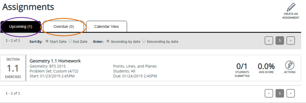 Assignments page with three tabs: Upcoming, Overdue, and Calendar View. Create an Assignment button is in the top right.