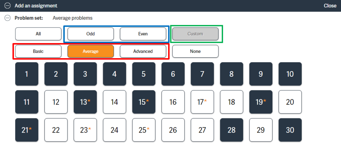 The list of questions in the assignment with filters for showing All, Odd, Even, Custom, Basic, Average, and Advanced questions.