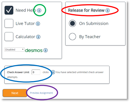 Help options include: Need Help, Live Tutor, Calculator, and Desmos. Release for Review can be set to On Submission or By Teacher. Check Answer Limit shows how many times students can click Check Answer. Preview Assignment button is at the bottom of the menu.