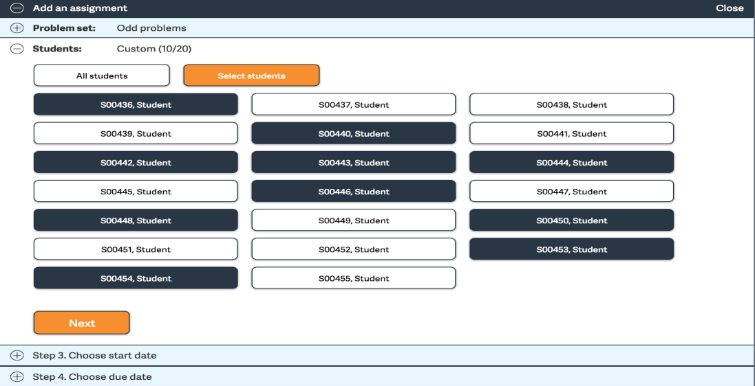 Student list with option to choose All Students or select individual students.