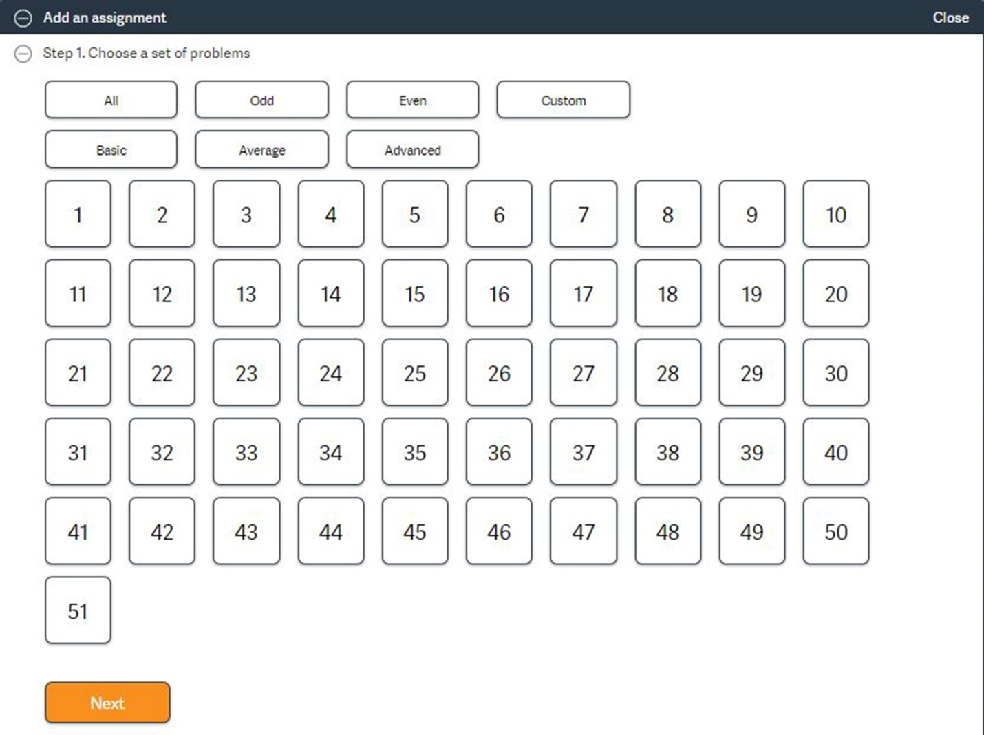 Choose a Set of Problems menu that can be filtered by All, Odd, Even, Custom, Basic, Average, and Advanced questions.