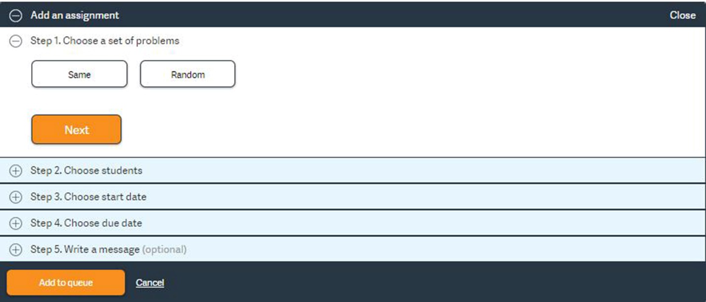 Step 1 of adding an assignment asks "Choose a set of problems" with the options "Same" and "Random."