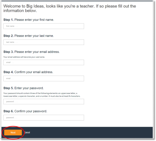 Requested information fields: First name, last name, email address, confirm email address, enter password, confirm password.