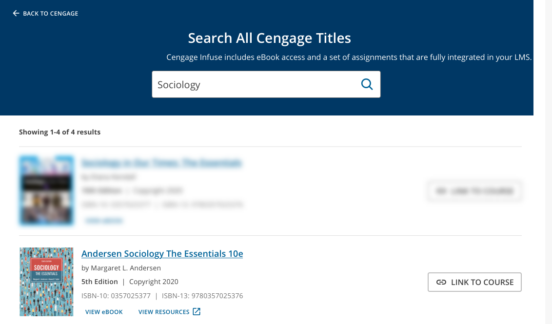 The selection menu shows products matching your search. Instructors can view the eBook, view additional Cengage resources, and link the product to their LMS course.