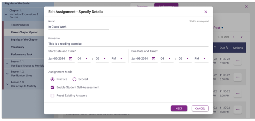 Assignemnt details include: name, description, start date and time, due date and time, assignment mode, enable student self-assessment, reset existing answers.
