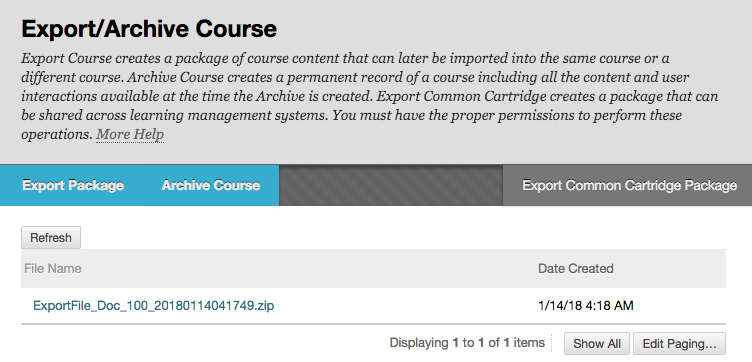 Export/Archive Course page listing an export file