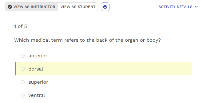 Instructor view of a question in an activity. The correct answer is highlighted and the activity has a print button.