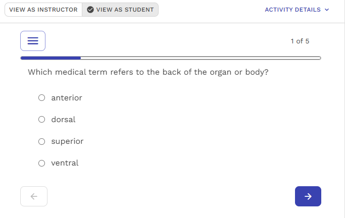 Student view of a question in an activity. The answer is unmarked. The question is the only one on the screen. Students have a progress bar at the top of the question showing how far along they are in the activity and a Next button to open a new question.
