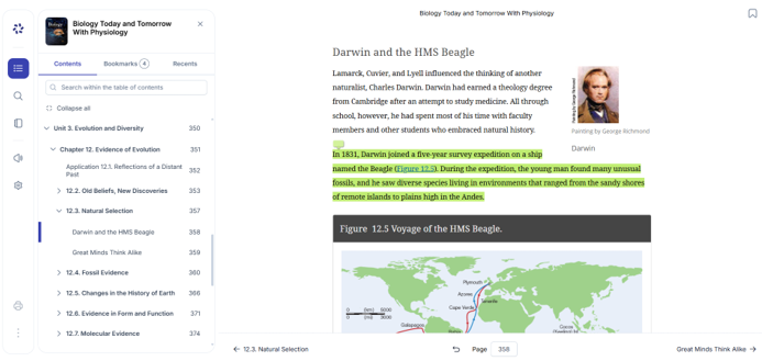 New eReader with white table of contents showing eBook contents, user bookmarks, and recently viewed pages. Search, Notebook, ReadAloud, and Settings are shown in the new toolbar on the left side. Bookmarks can be added in the upper right corner.