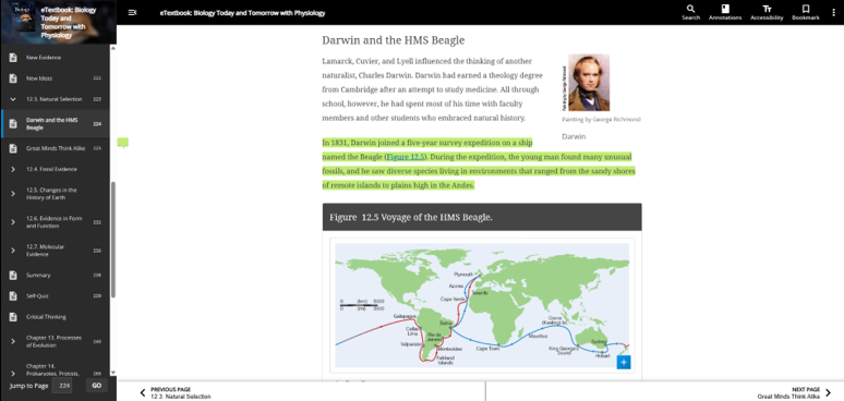 Old eReader has a black table of contents and header. The table of contents only shows eBook contents. Search, Annotations, Accessibility, and Bookmarks are in the top menu.