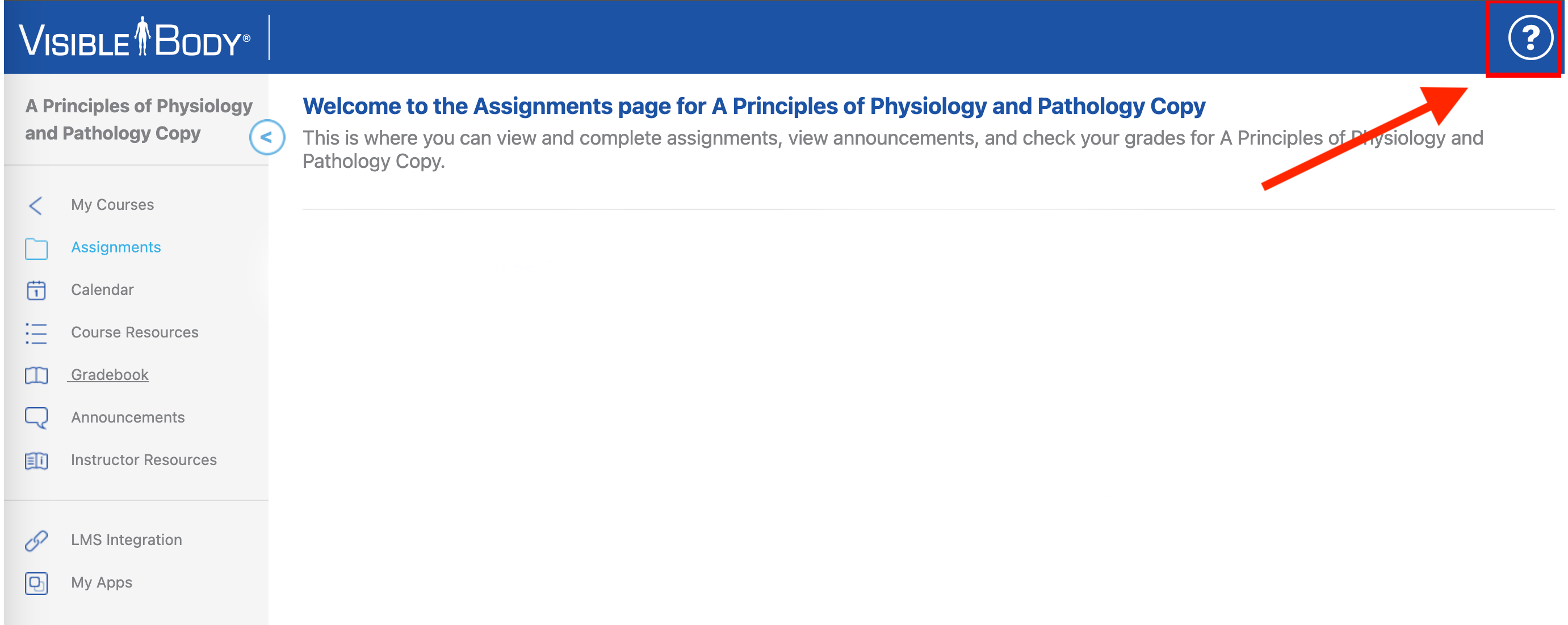 The ? help icon is at the top right of the Visible Body screen.