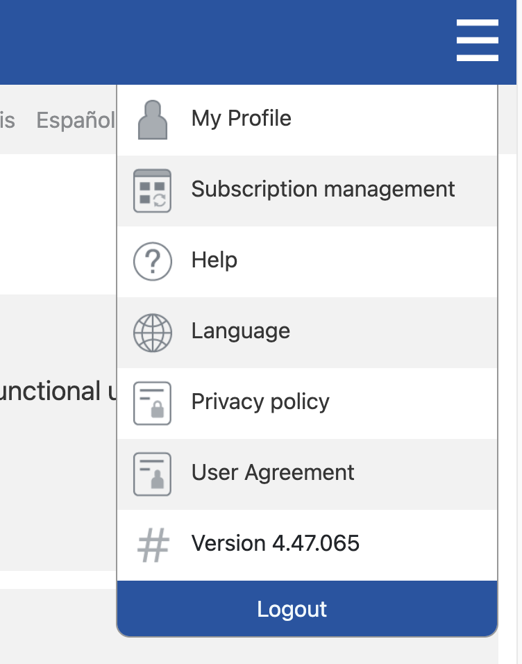 Dropdown menu with My Profile, Subscription Management, Help, Language, Privacy Policy, User Agreement, and Logout options.