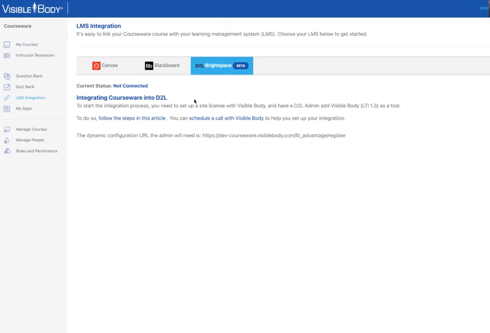 D2L Brightspace tab in Visible Body