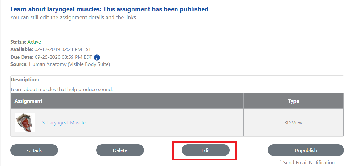 Published assignment with Edit button