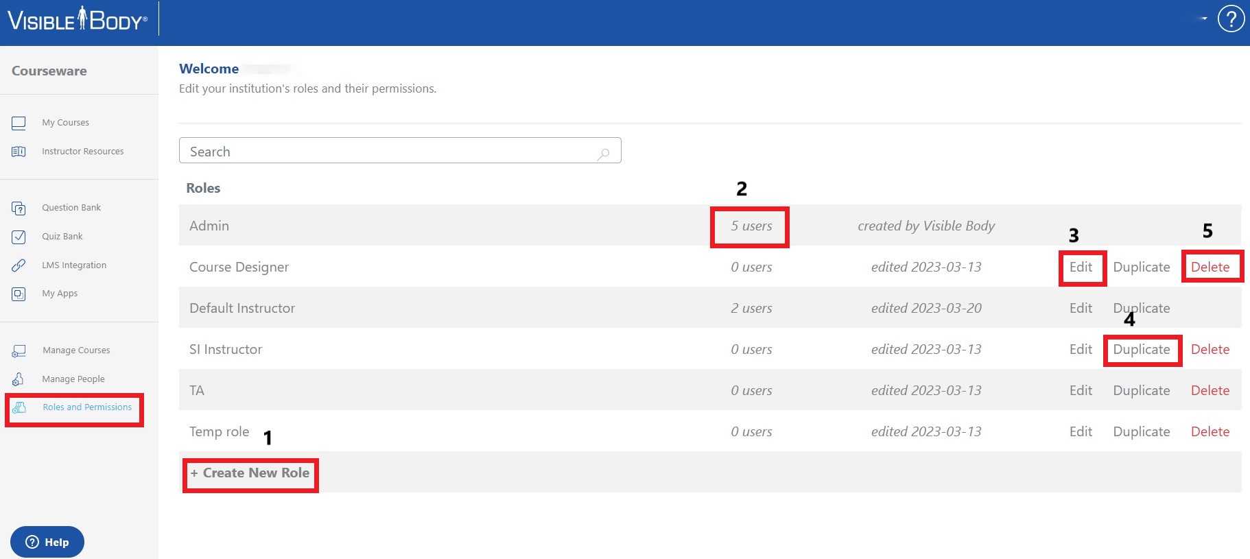 Roles and Permissions page with Create New Role button, users column, Edit button, Duplicate button, and Delete button highlighted.