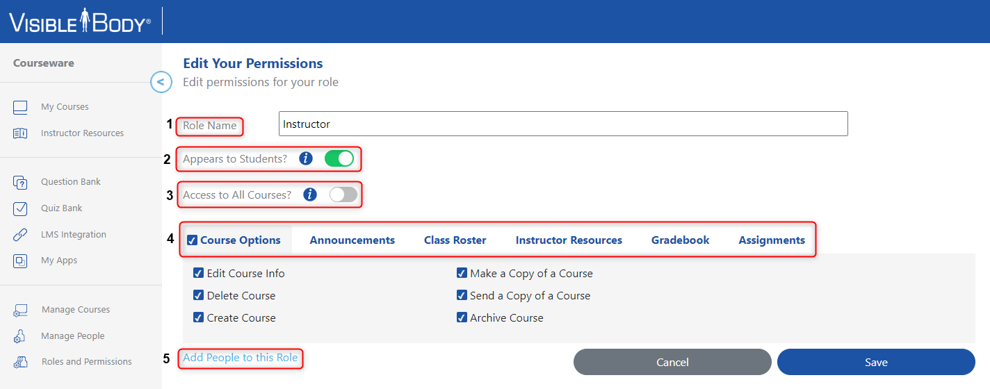 Edit Your Permissions page with fields to change Role Name, Appears to Students, Access to All Courses, Course Options, and Add People to this Role,.