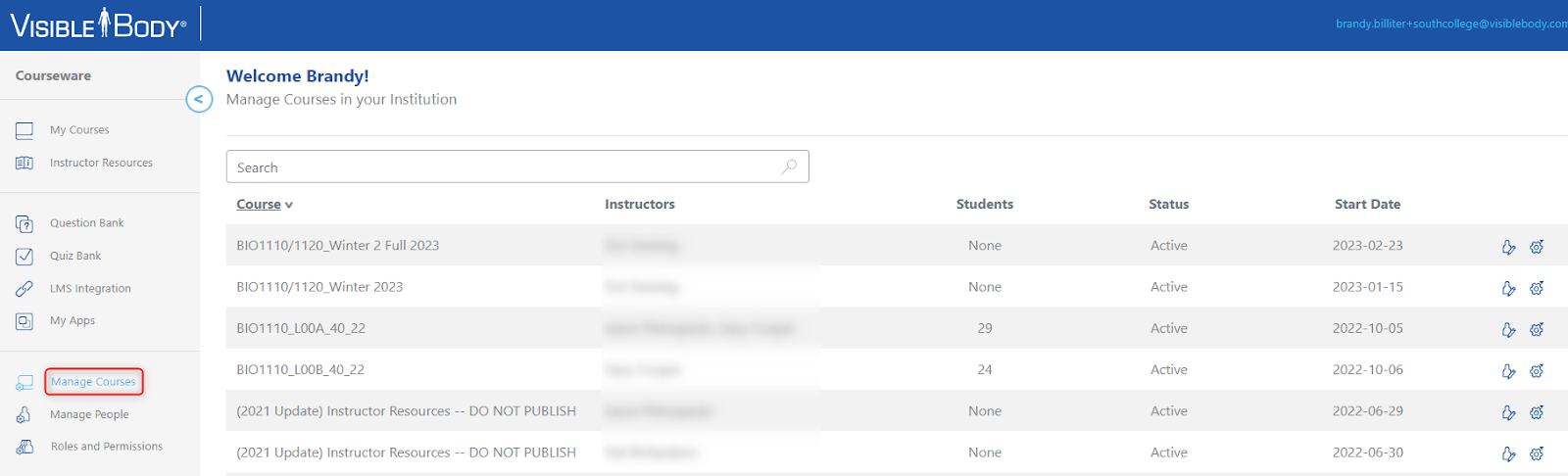 Manage Courses page with Course name, Instructors, Students, Status, and Start Date columns