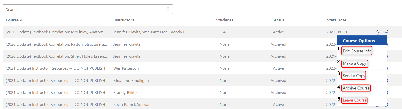 Course Options include Edit Course Info, Make a Copy, Send a Copy, Archive Course, Leave Course