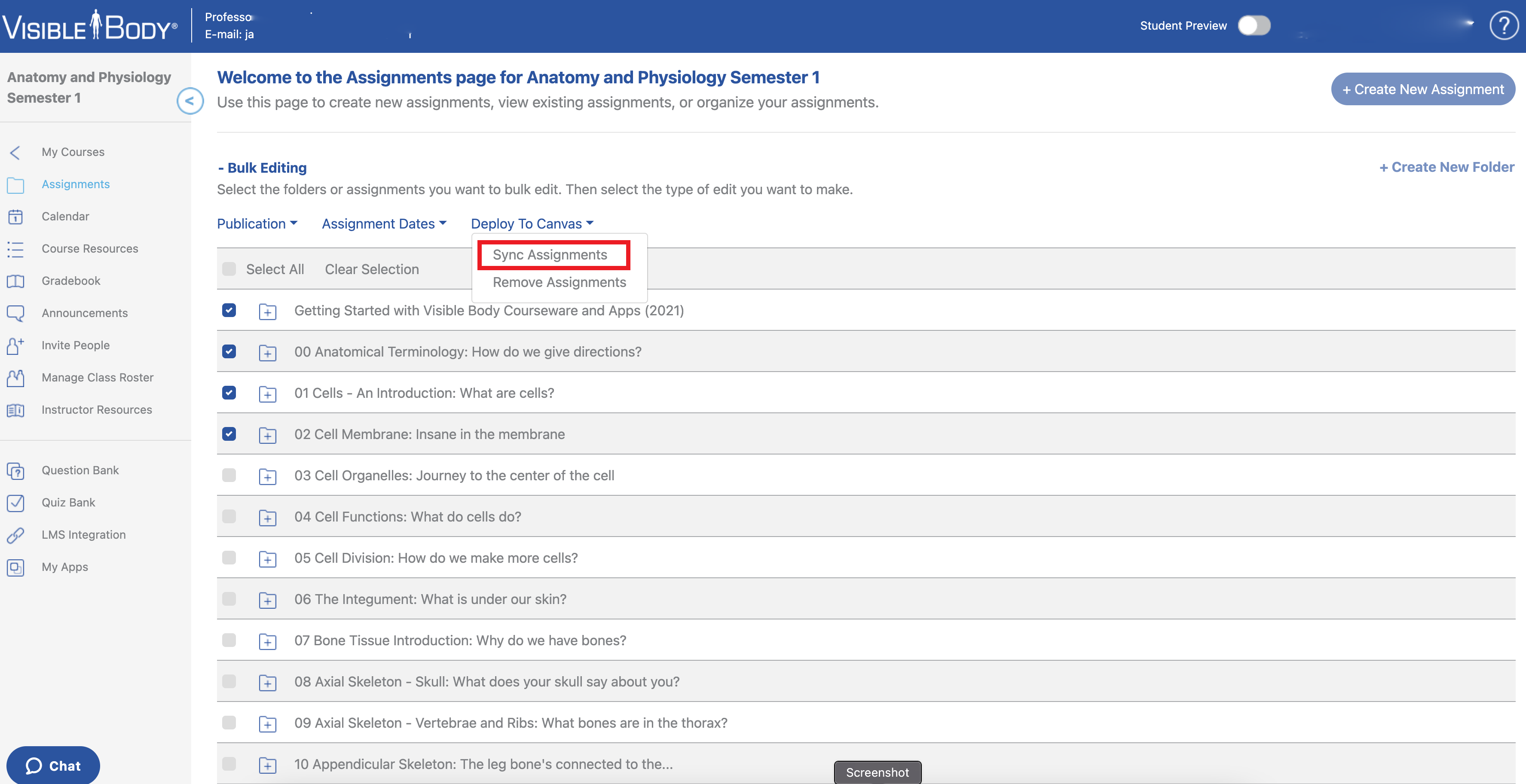 Sync Assignments button in Deploy to Canvas menu