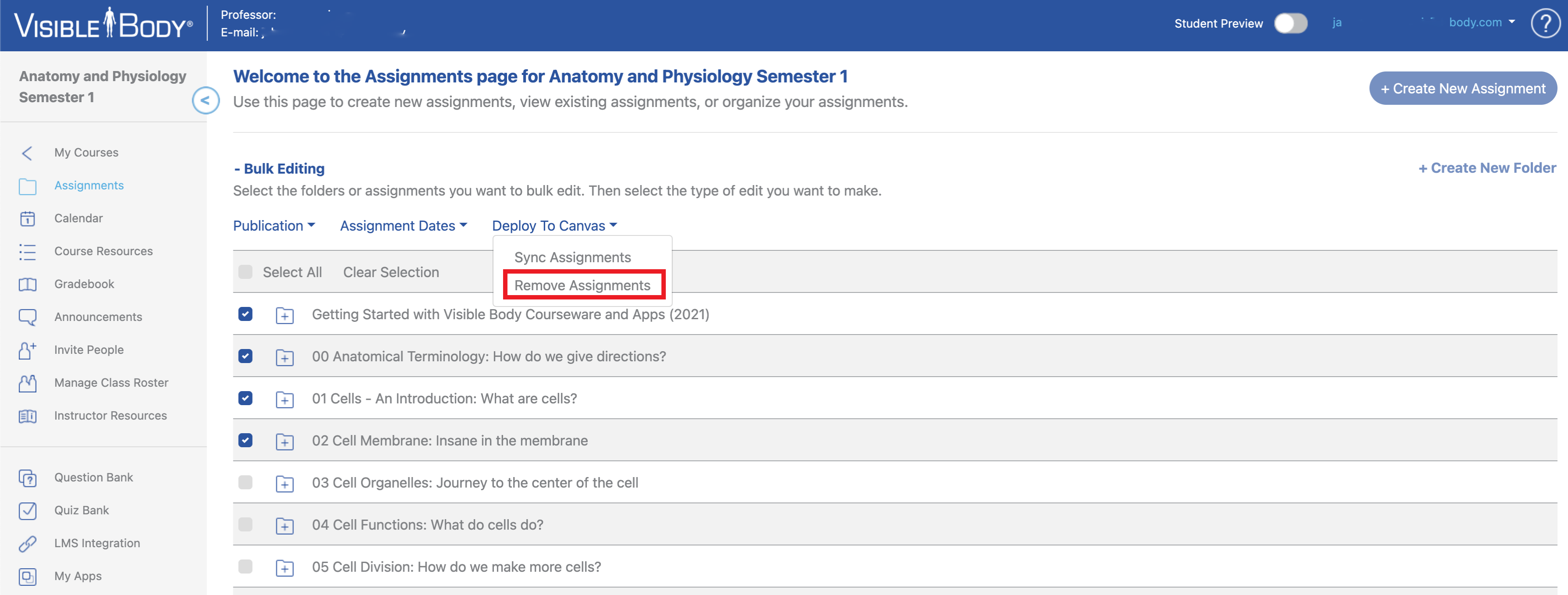 Remove Assignments button in Deploy to Canvas menu