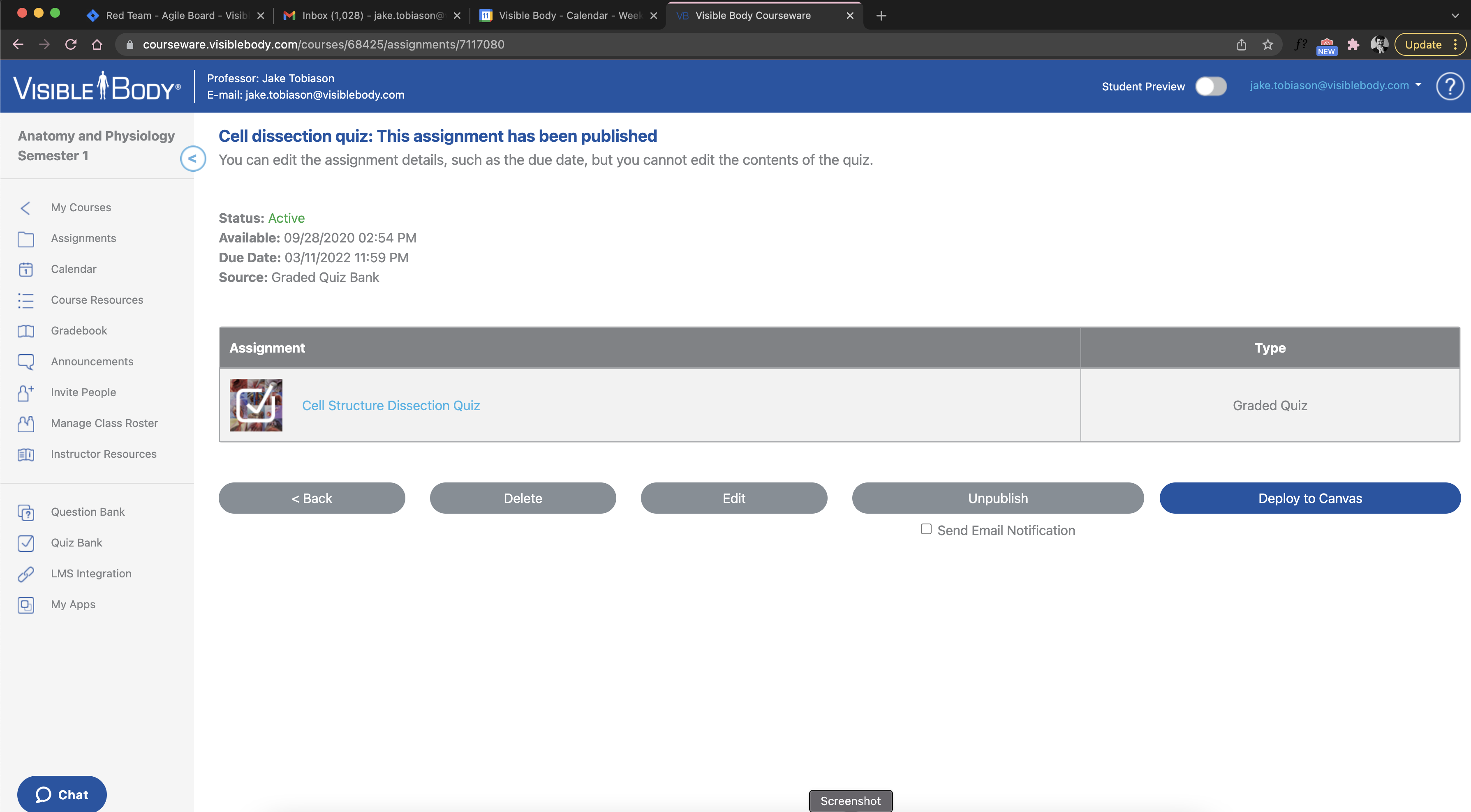 Assignment page with Deploy to Canvas button