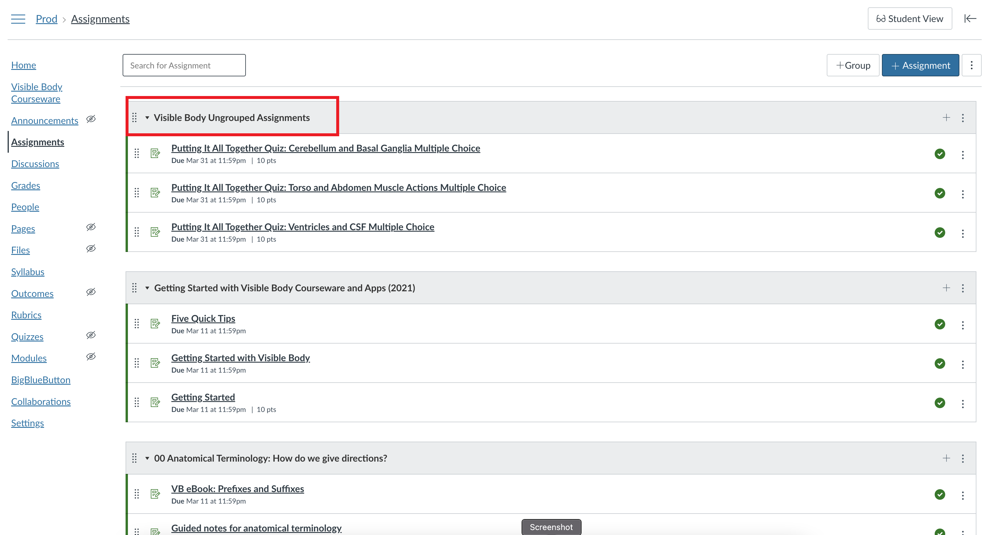 Canvas assignments in Visible Body Ungrouped Assignments folder